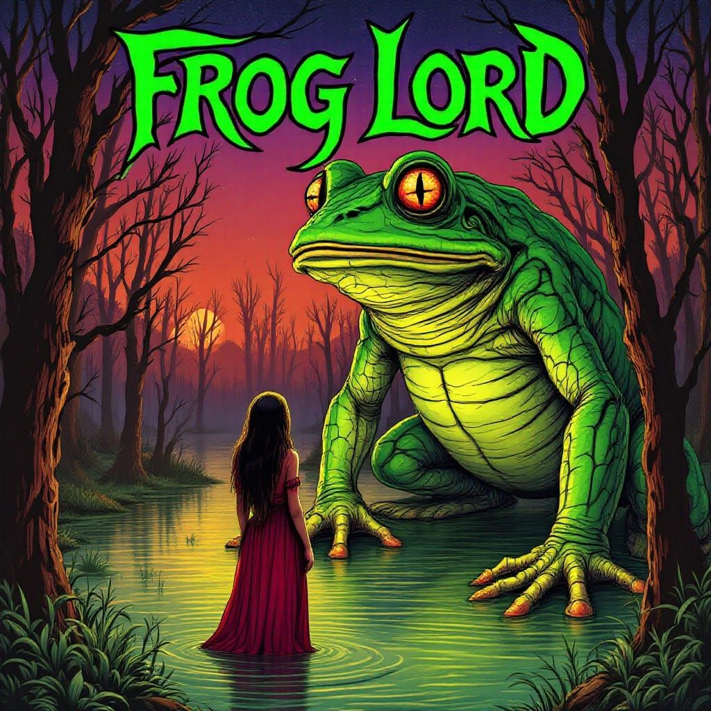 Giant Frog Emerges Before a Woman in a Haunting Swamp Scene