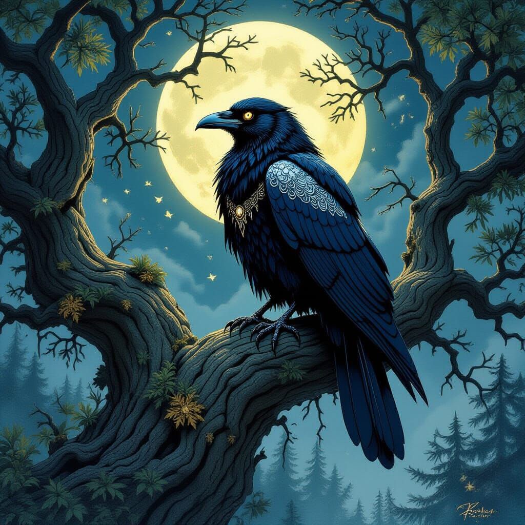 Wise Crow Sorcerer in Moonlit Forest