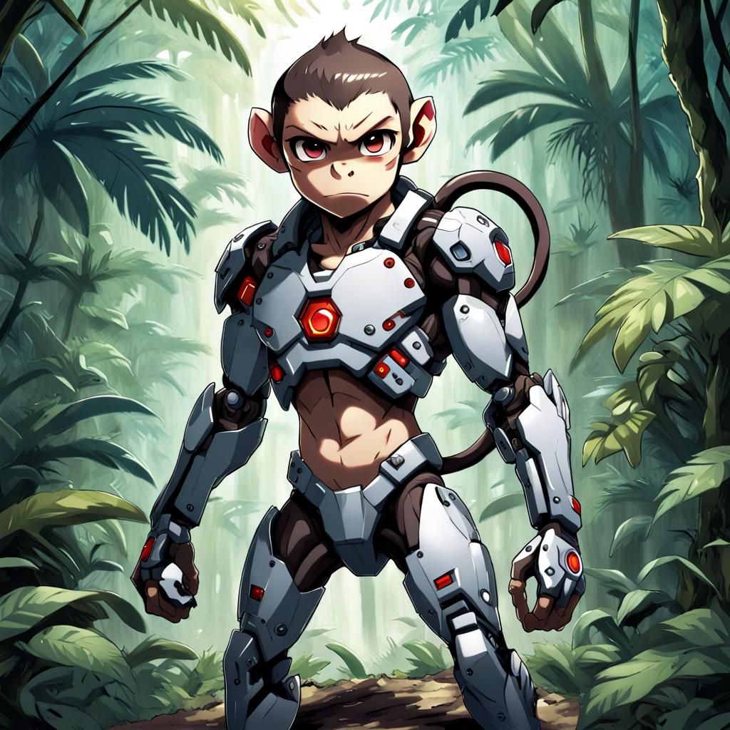 Chibi Cyborg Monkey Ready to Fight in Jungle