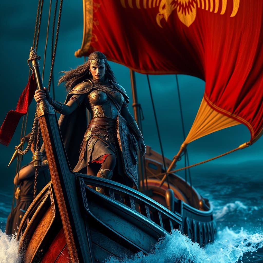 Illyrian Warrior Queen on Liburna Warship in Vibrant Colors