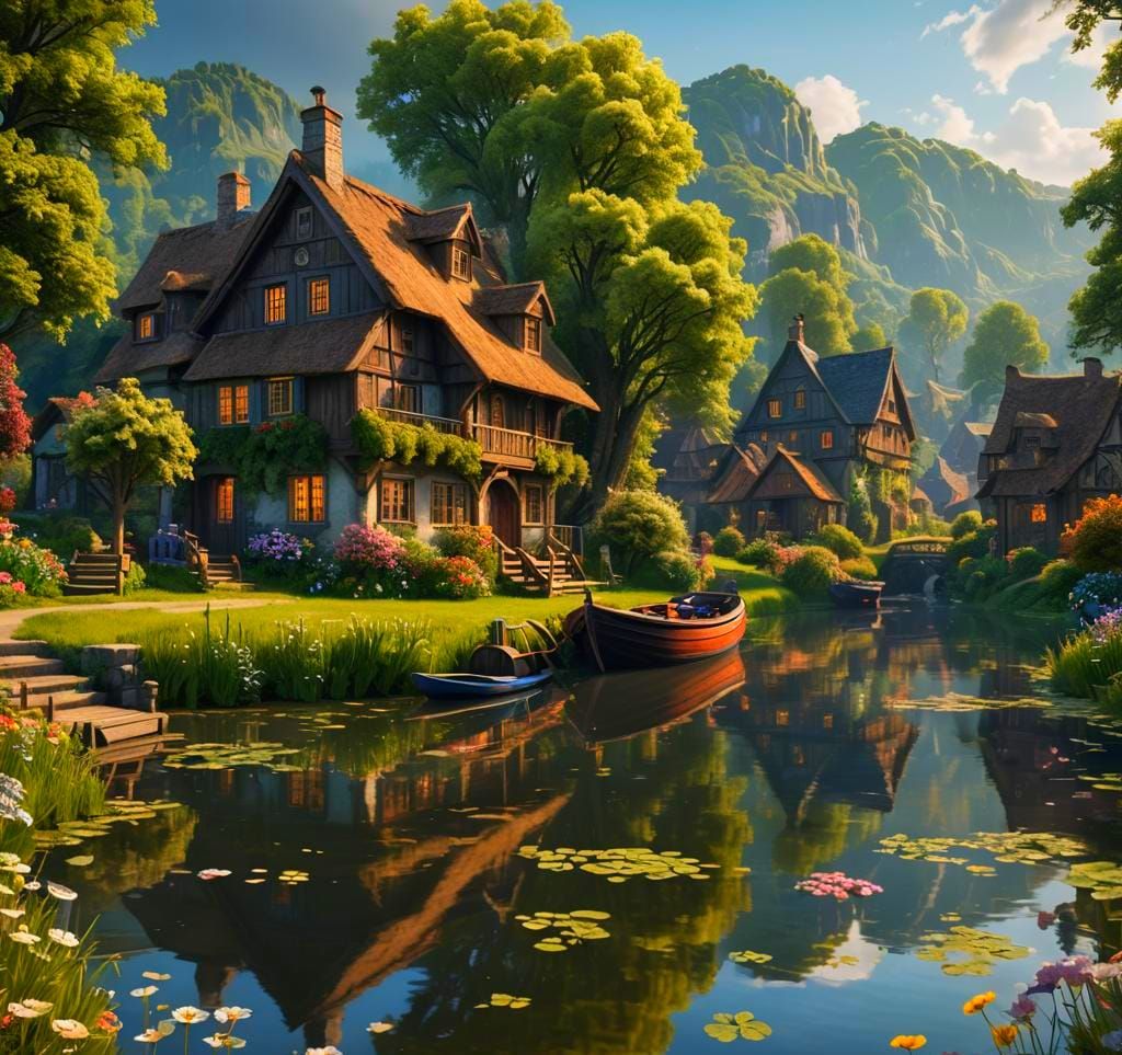 Serene Riverside Village in Detailed Matte Painting