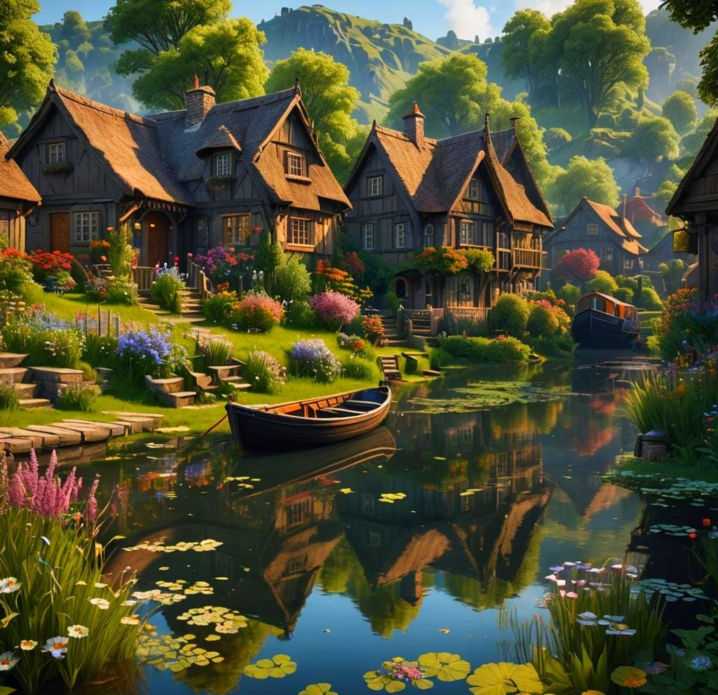 Serene Riverside Village with Flower Meadows