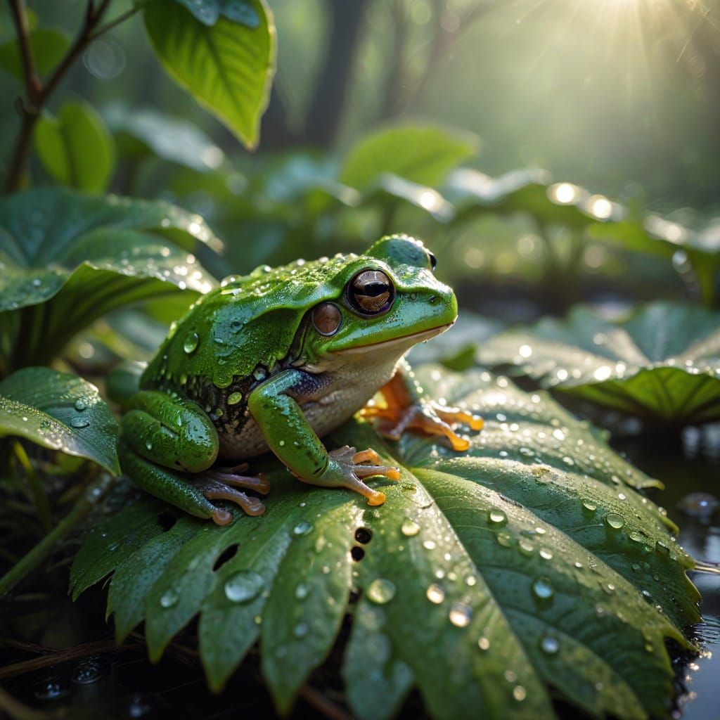 Surreal Morning Scene with Macro Shot Frog and Dew Drop