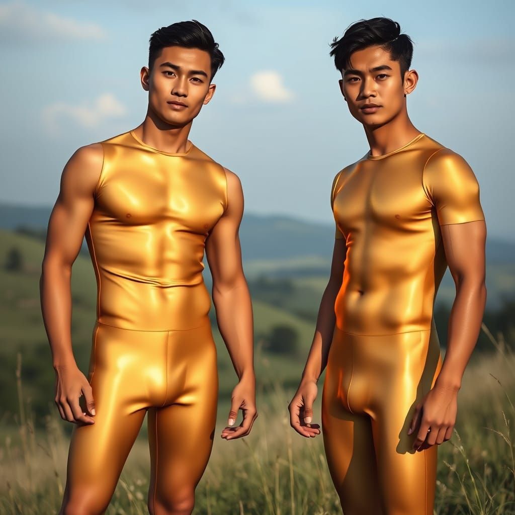Two Asian Men in Gold Lycra Outfits