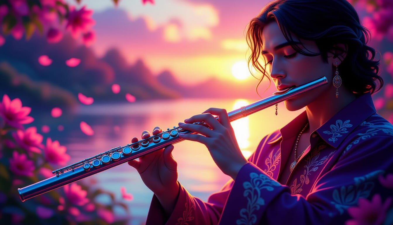 Musician Plays Flute in Vibrant Evening Nature Soundscape