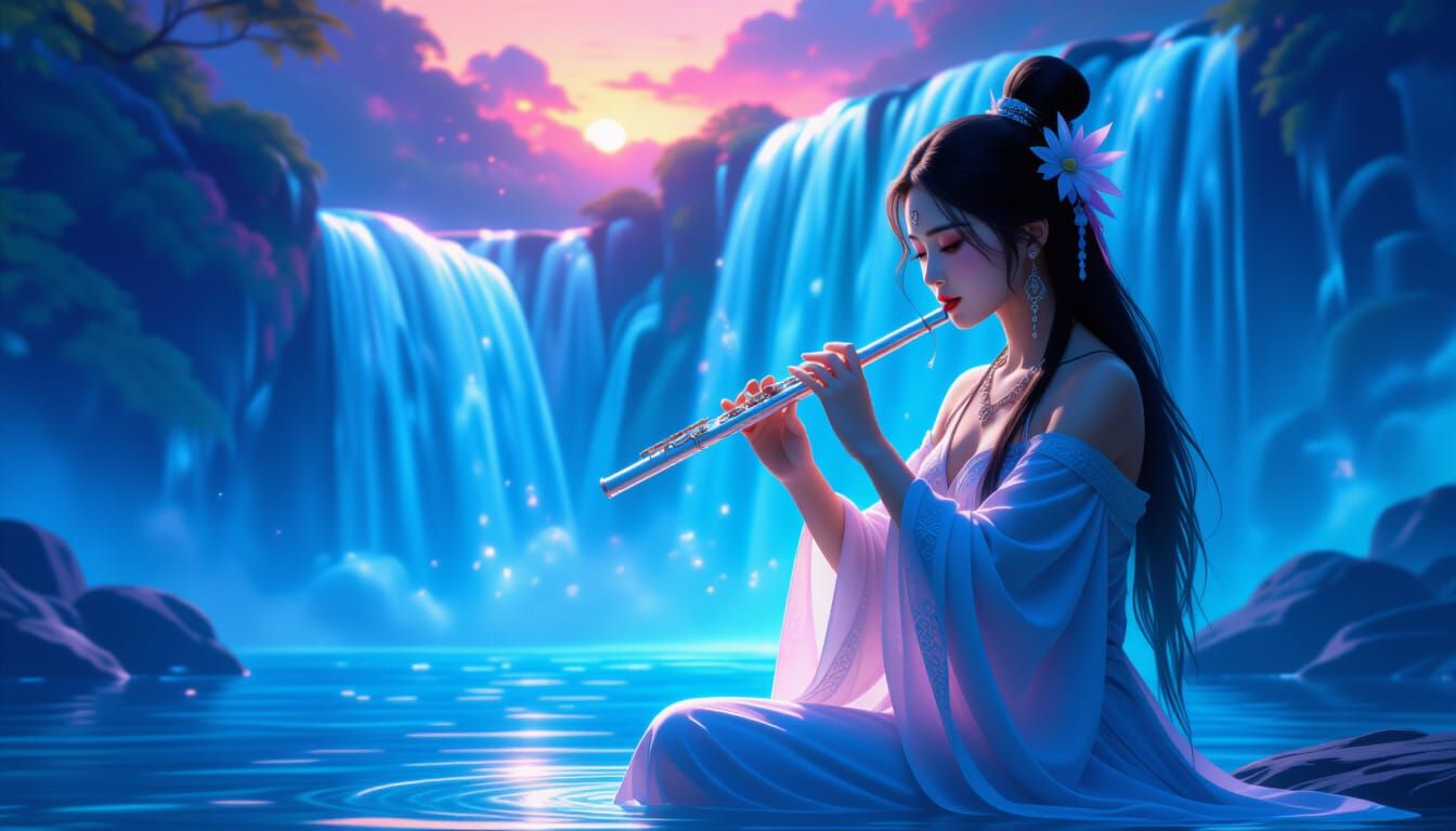 Ethereal Flute Player by Glowing Waterfall in Dramatic Light