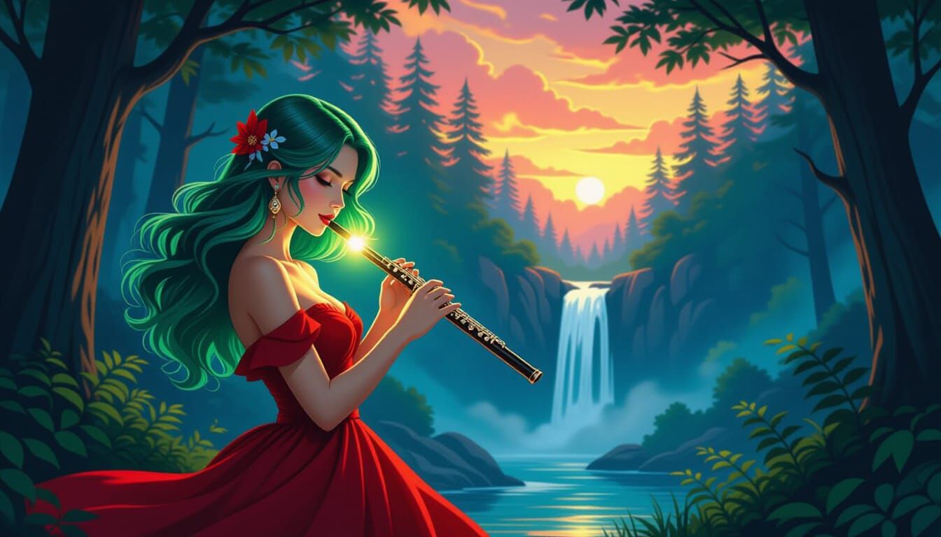 Woman with Glowing Flute in Dusk Forest