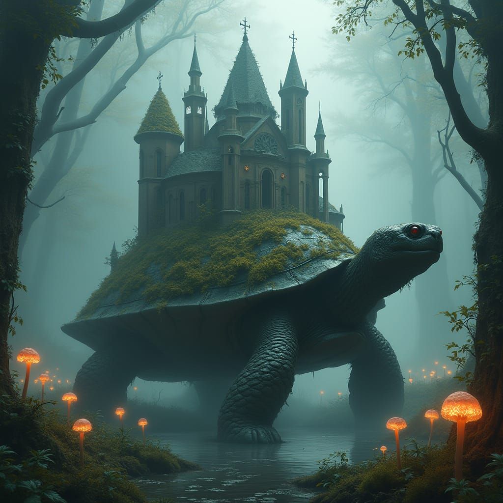 Giant Turtle Carries Cathedral Through Bioluminescent Swamp