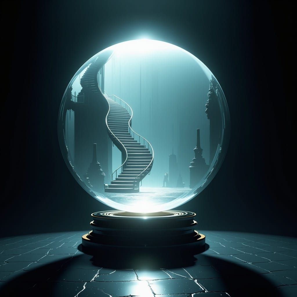 Crystal Ball Reflecting Hidden Staircases in Ethereal Glow