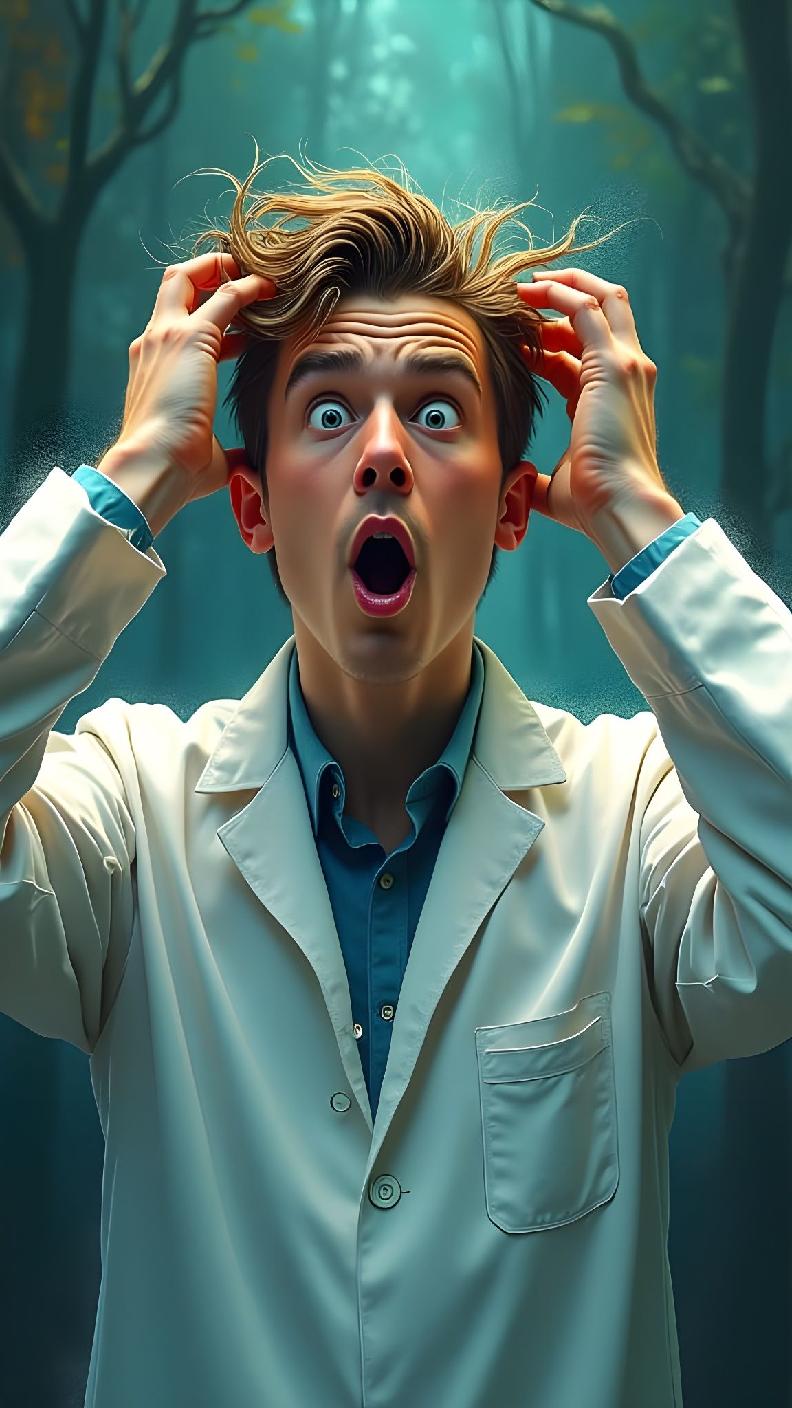 Surprised Doctor Rips Hair in Detailed Digital Art