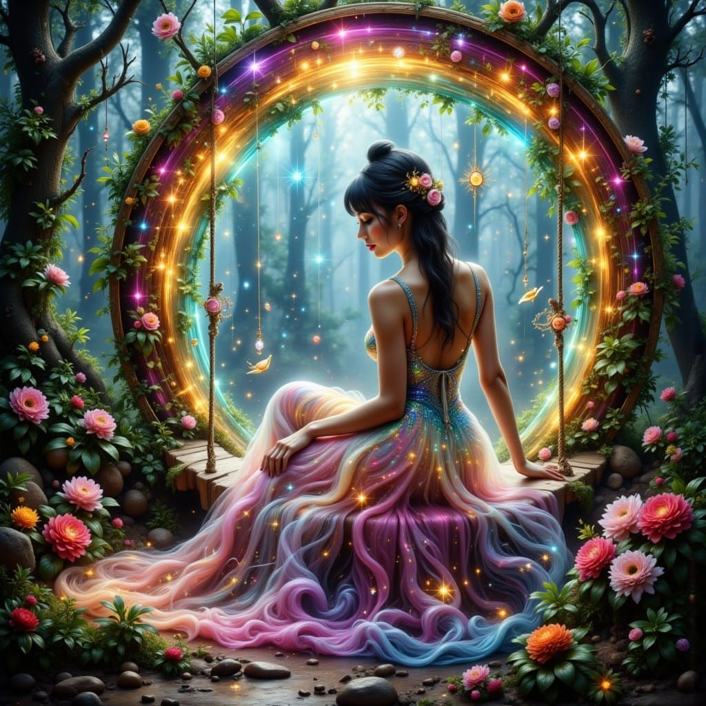 Magical Woman on Rainbow Swing, Dreamlike Art