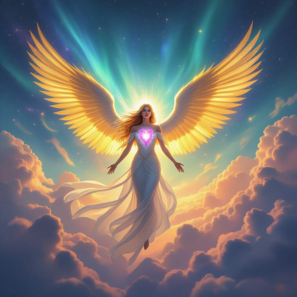 Cosmic Being with Golden Wings Soars Through Aurora Sky