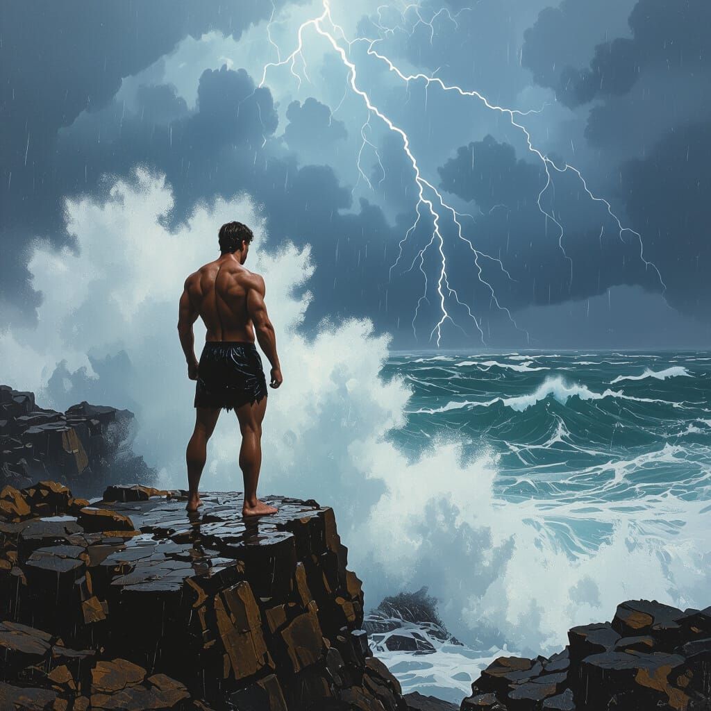 Heroic Figure Overlooking Stormy Sea, Dramatic Lighting