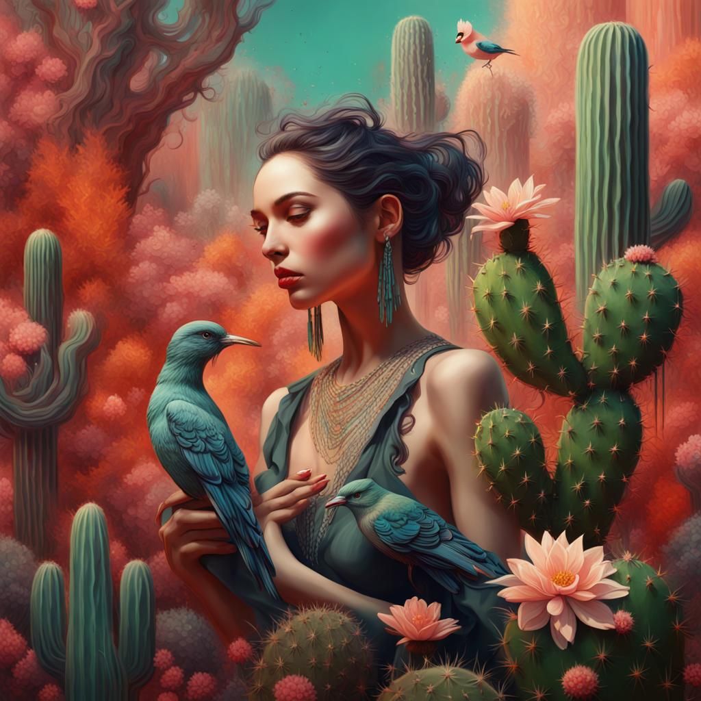 Abstract Woman with Cactus, Flowers, and Bird