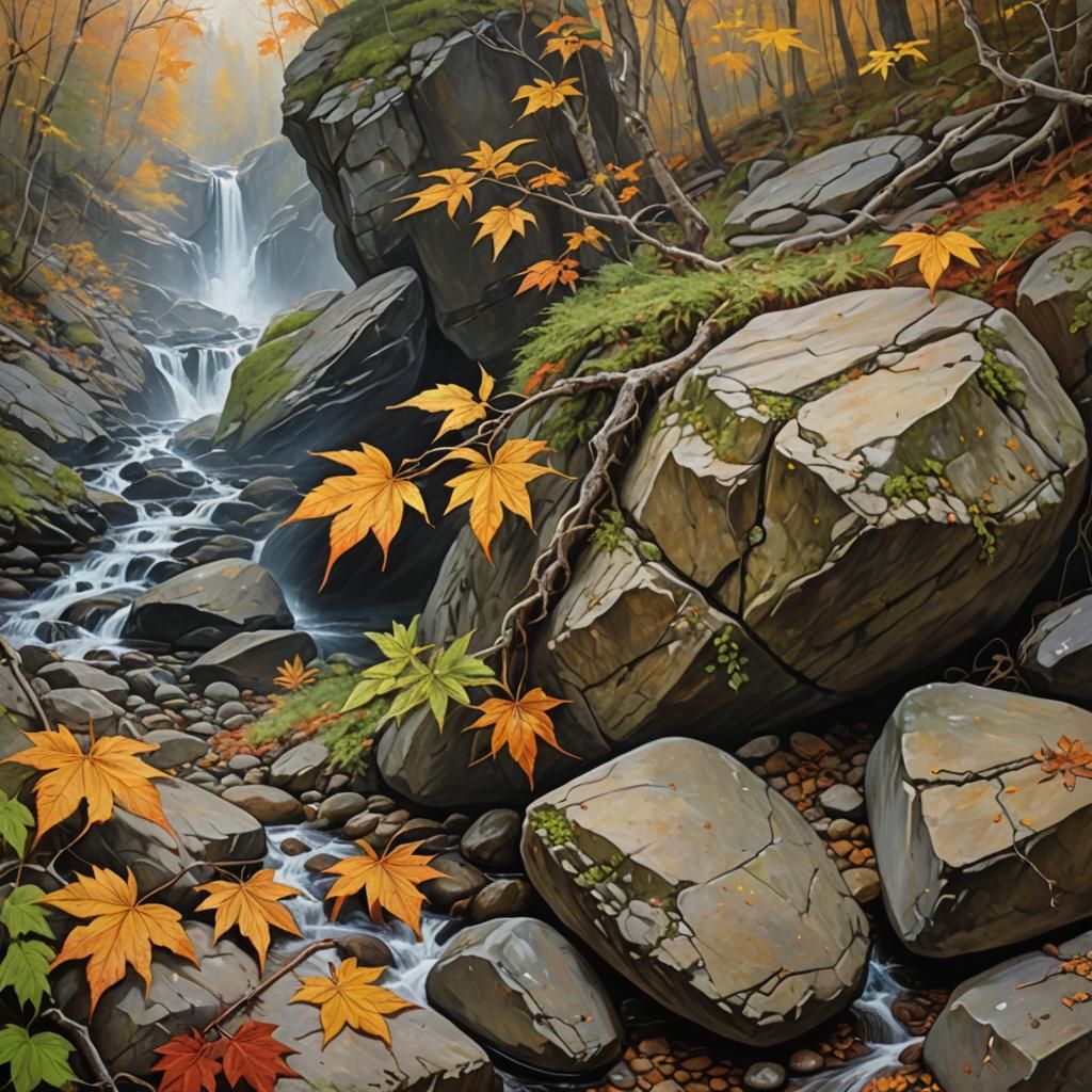 Mountain Brook Boulder: Weeds in Celtic Banner, Oil Painting