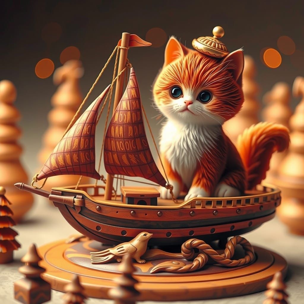 Wooden Kitten Sailor on Miniature Steampunk Sailboat