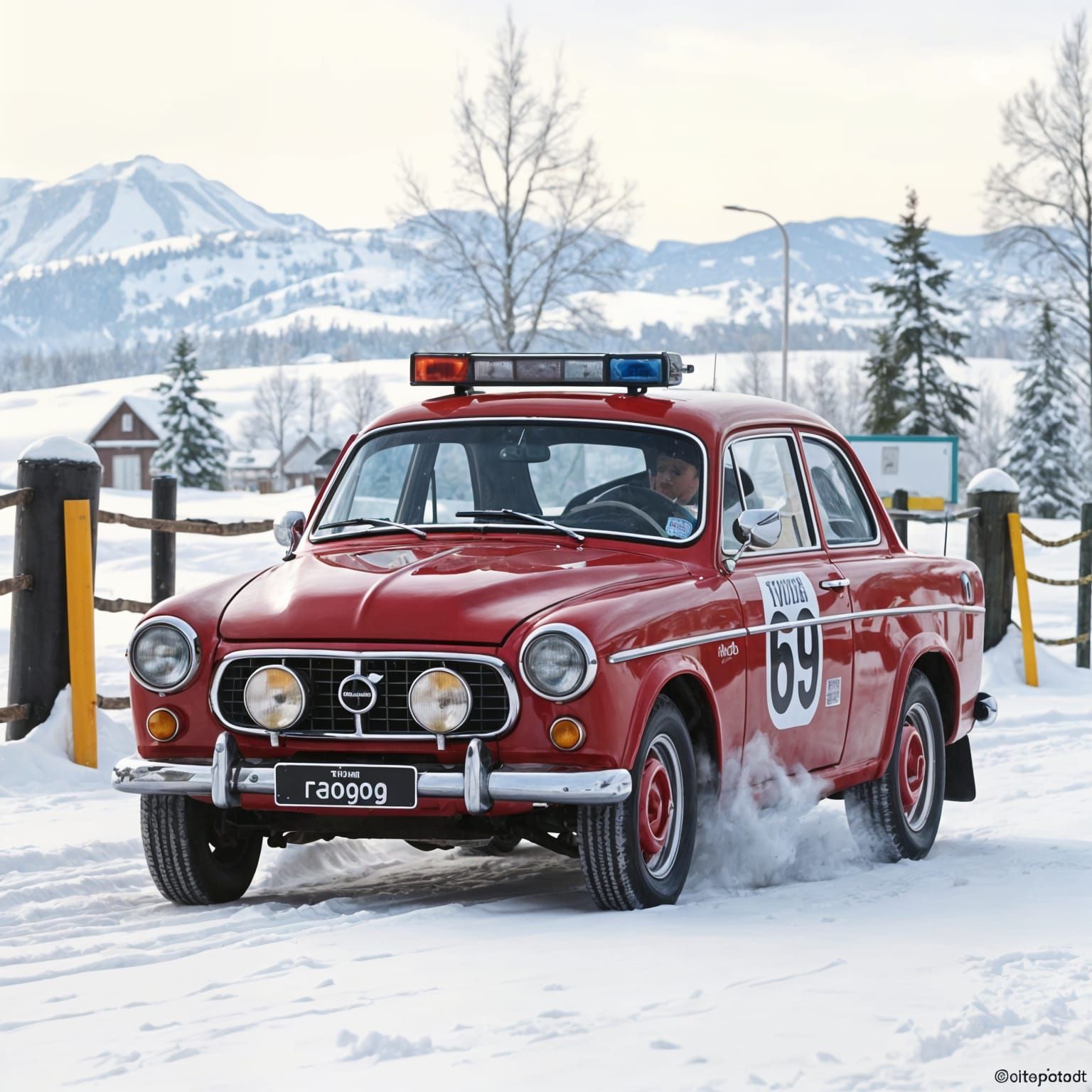 Historic Rally Car on Snowy Winter Landscape