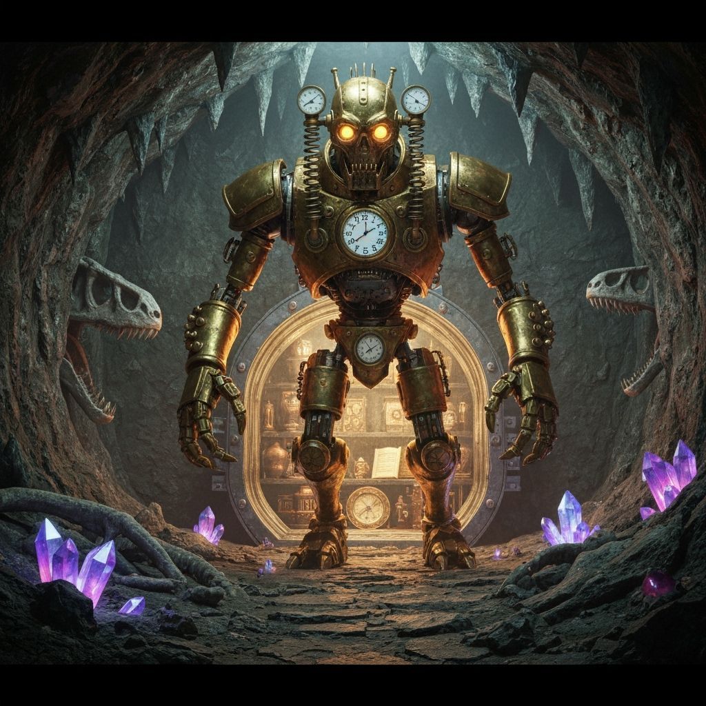 Steampunk Golem Guarding Vault with Ancient Artifacts