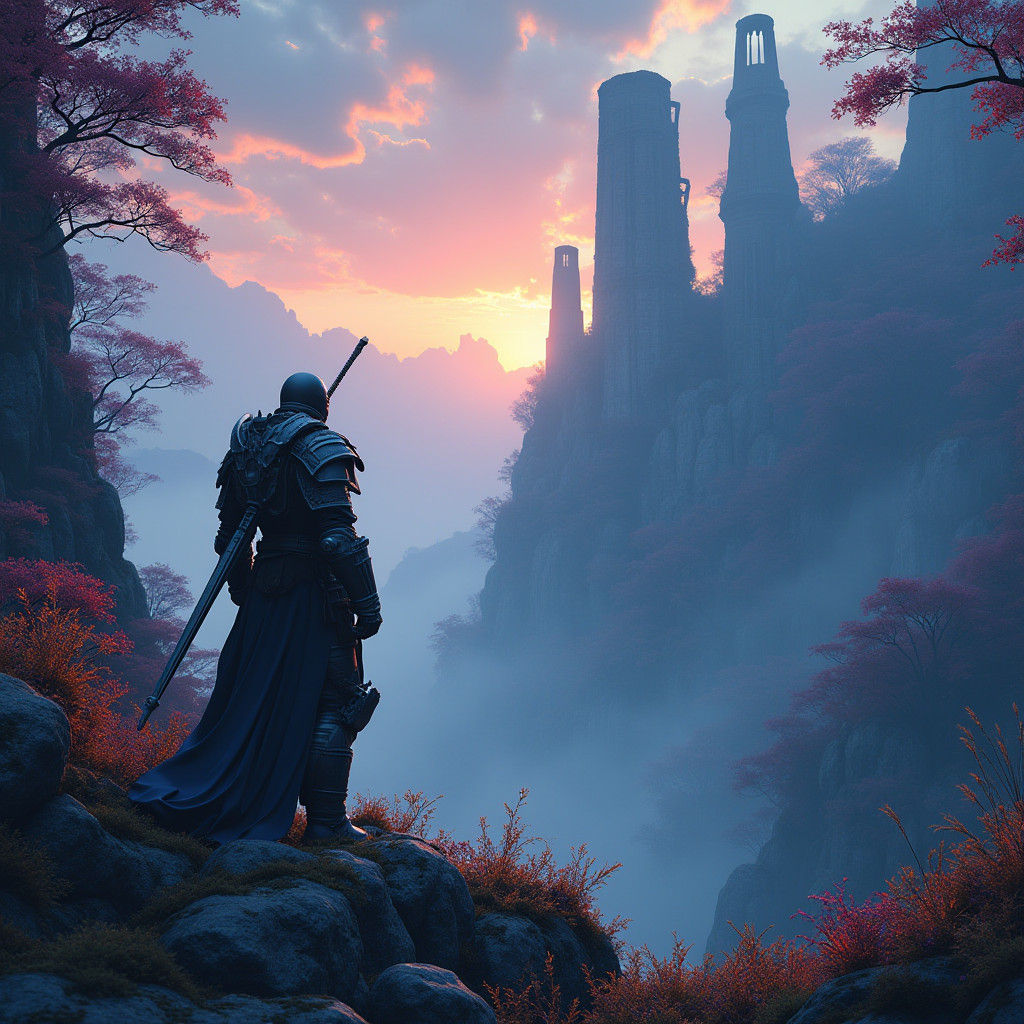 Mystical Realm: Armored Soldier in Detailed Matte Painting