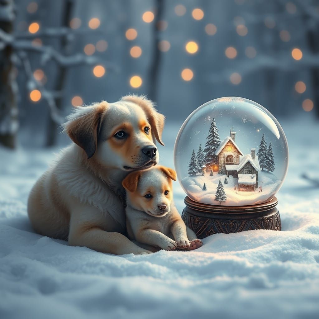 Serene Mama Dog and Puppy in Winter Wonderland with Snow Glo...