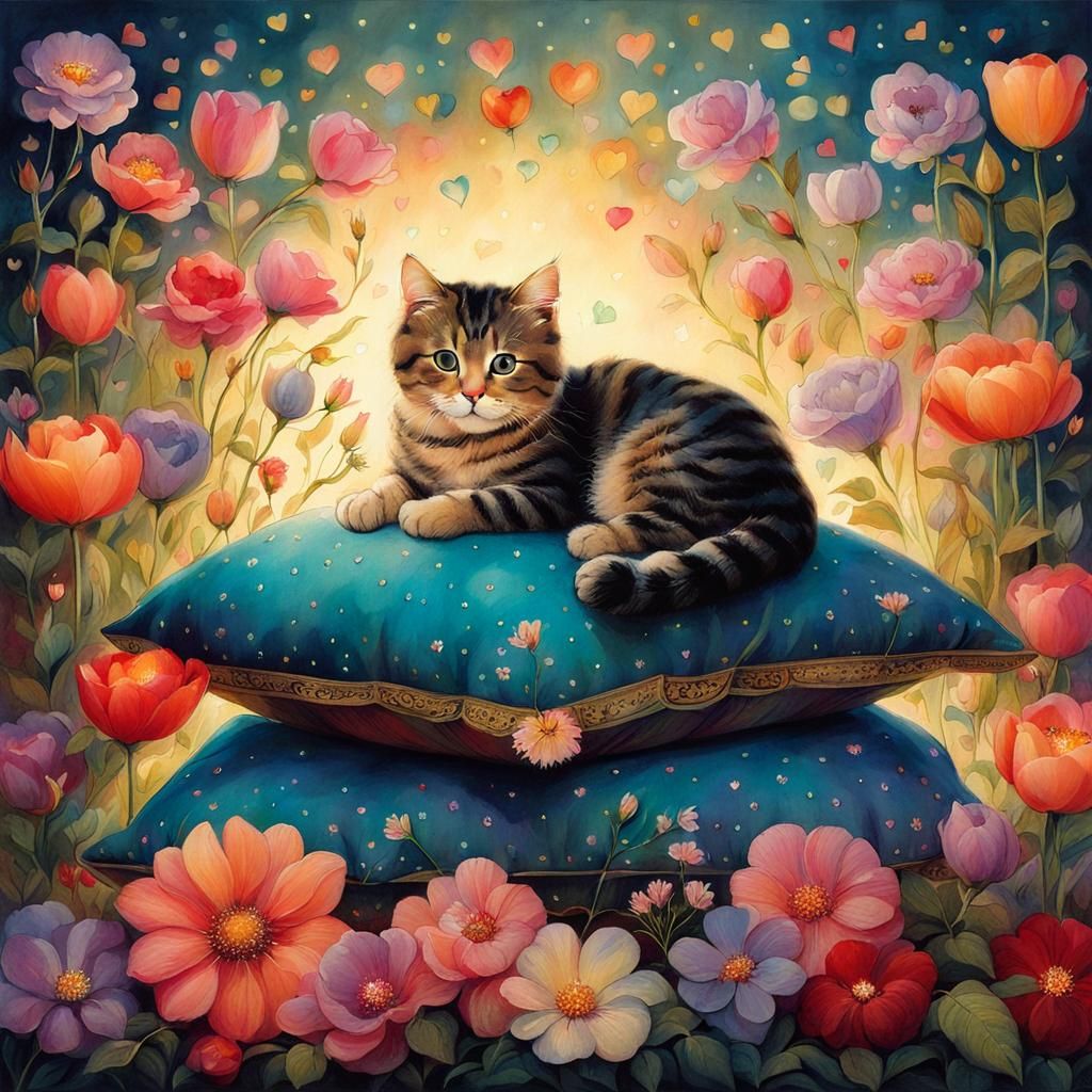 Surreal Cat Surrounded by Flowers and Lights