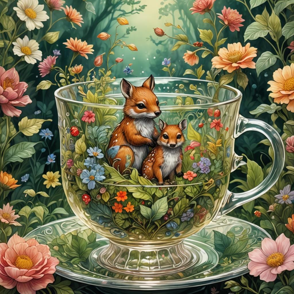 Forest Animals in Teacup: Whimsical Fantasy Art
