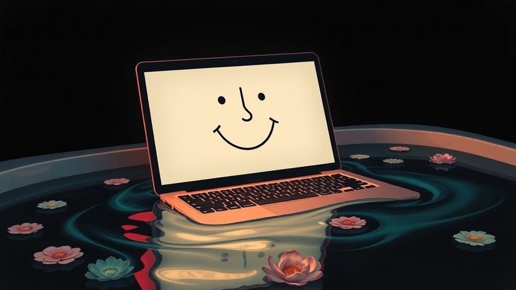 Floating Laptop with Smiling Face in Bathtub