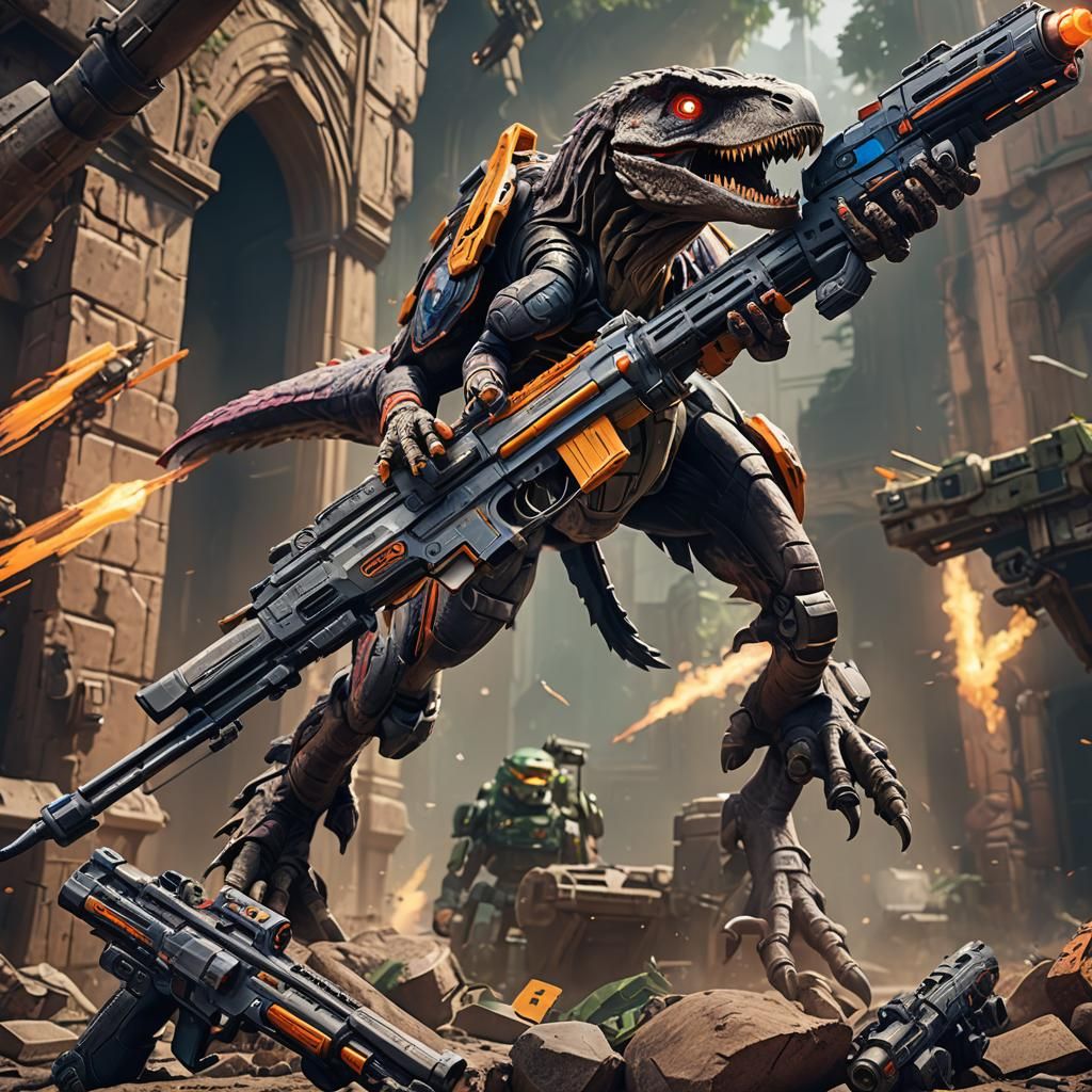 Raptor with Toy Gun: Detailed Matte Painting