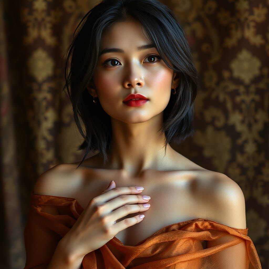 Malaysian Woman in Amber Gown: Photorealistic Portrait