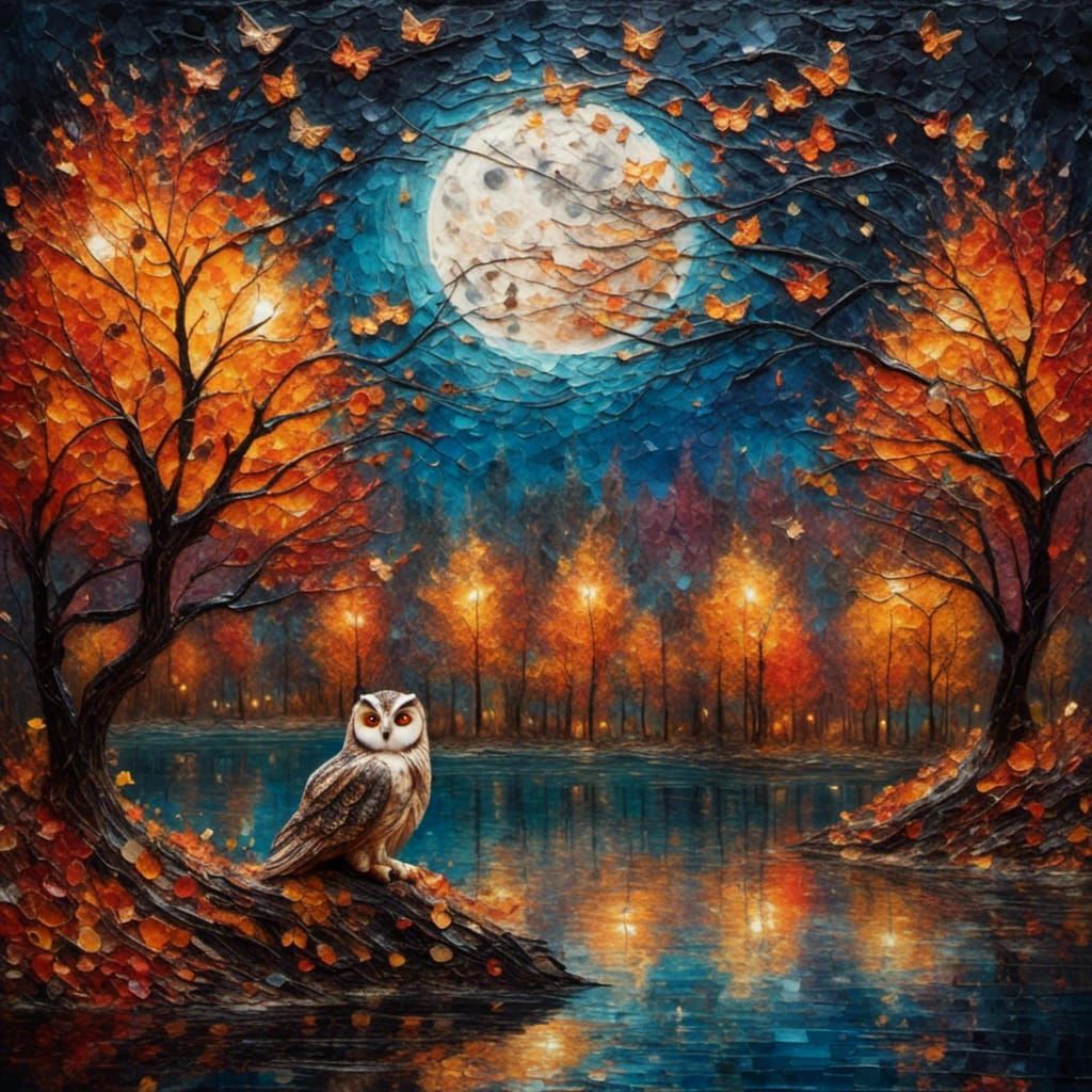 Autumn Owl in Moonlit Impressionist Landscape