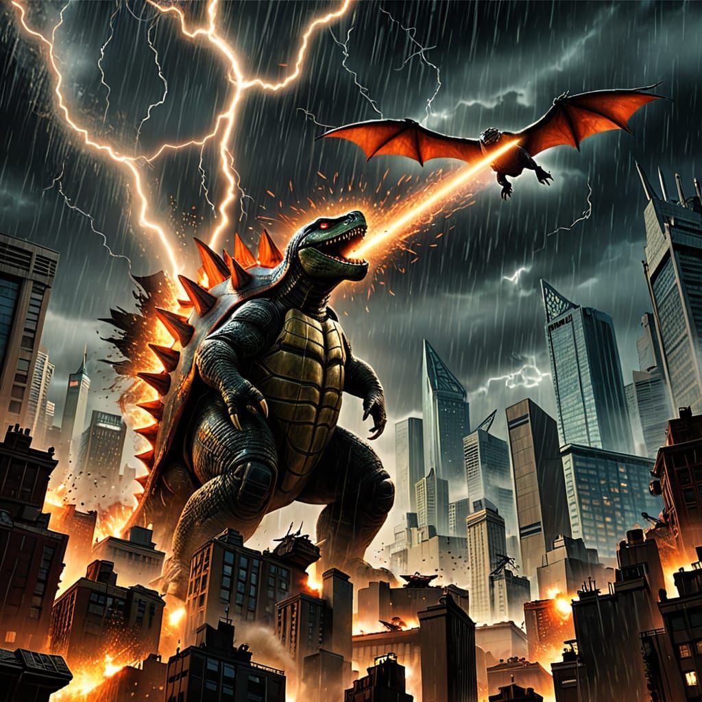 Epic Kaiju Battle: Gamera vs. Gyaos in Neon City