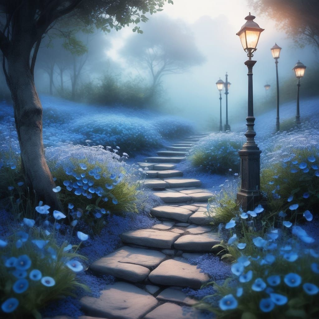 A dreamlike indigo-themed botanical garden bathed in soft tw...