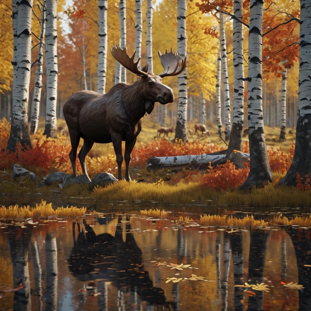 Swedish Moose in Autumn Birch Forest, Papercraft Style
