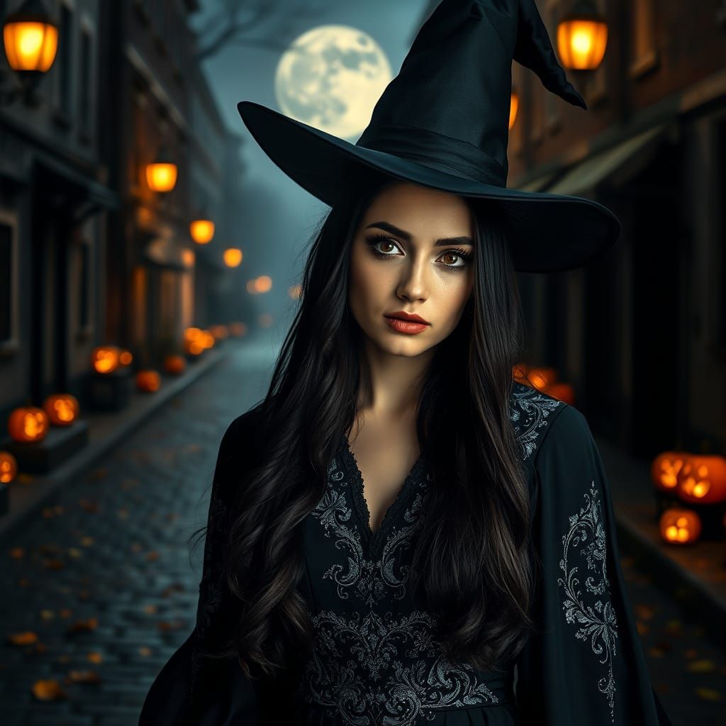 Woman in Detailed Witch Costume on Cobblestone Street