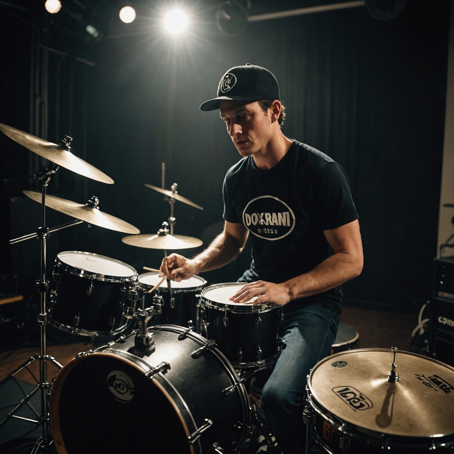 Drummer Performing with Vintage Bicycle in Studio