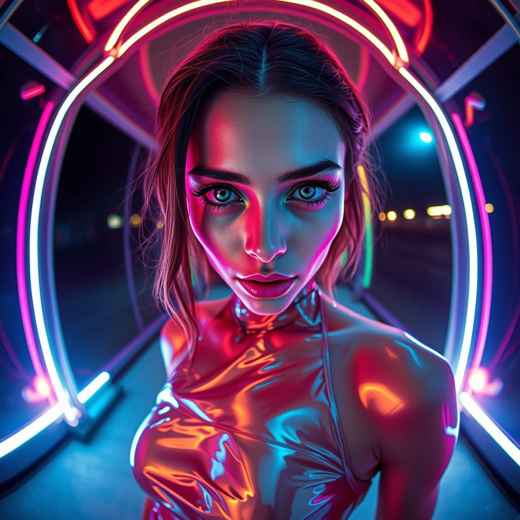Woman in Futuristic Oily Clothing Under Cosmic Neon Light
