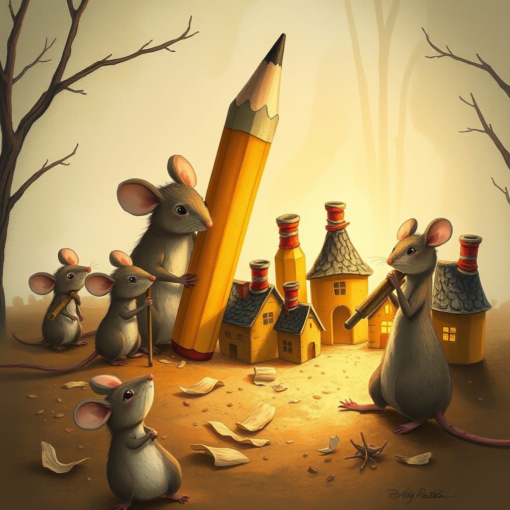 Mice Build Cozy Village with Pencils in Storybook Style