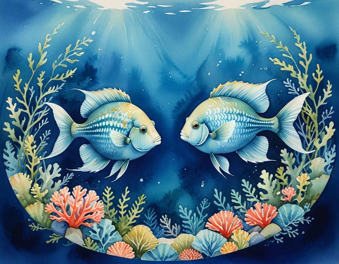 Delicate Watercolour Fish in Clear Blue Water