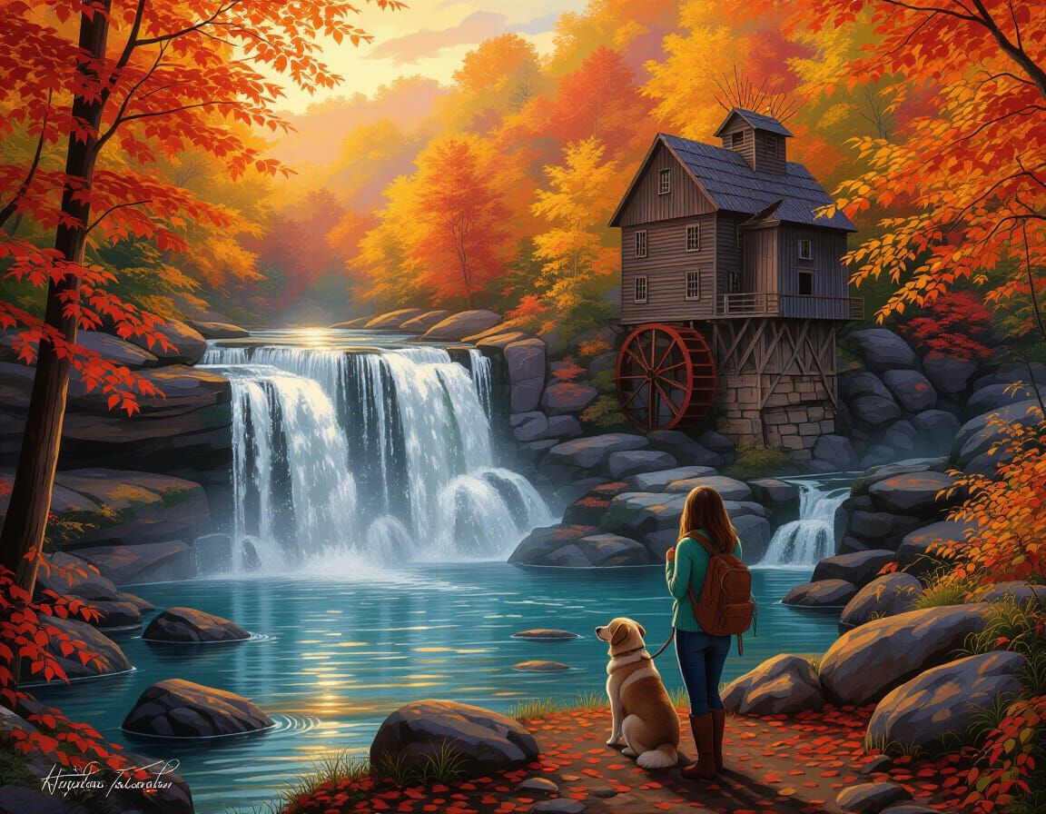 Hidden Waterfall Landscape with Woman and Dog at Golden Hour