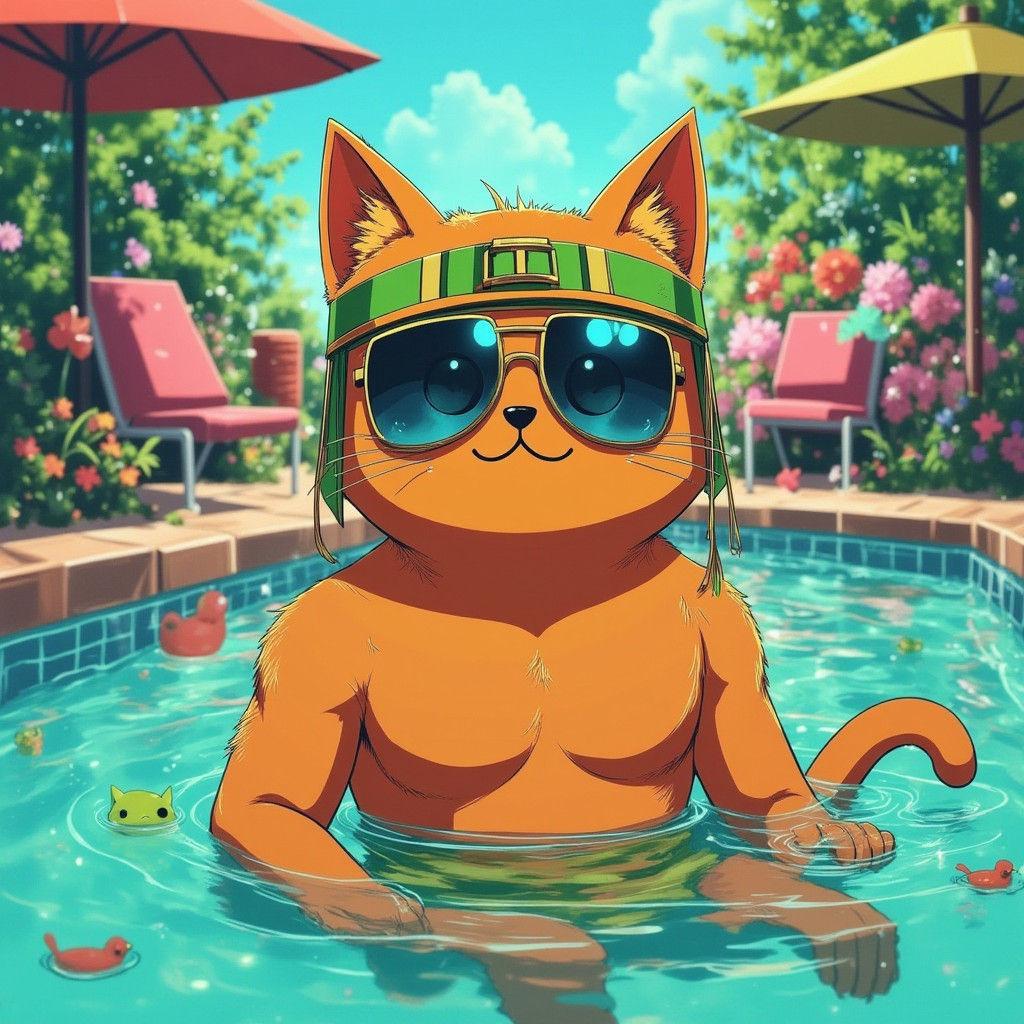 Cool Cat with Sunglasses by Pool in Art Deco Style
