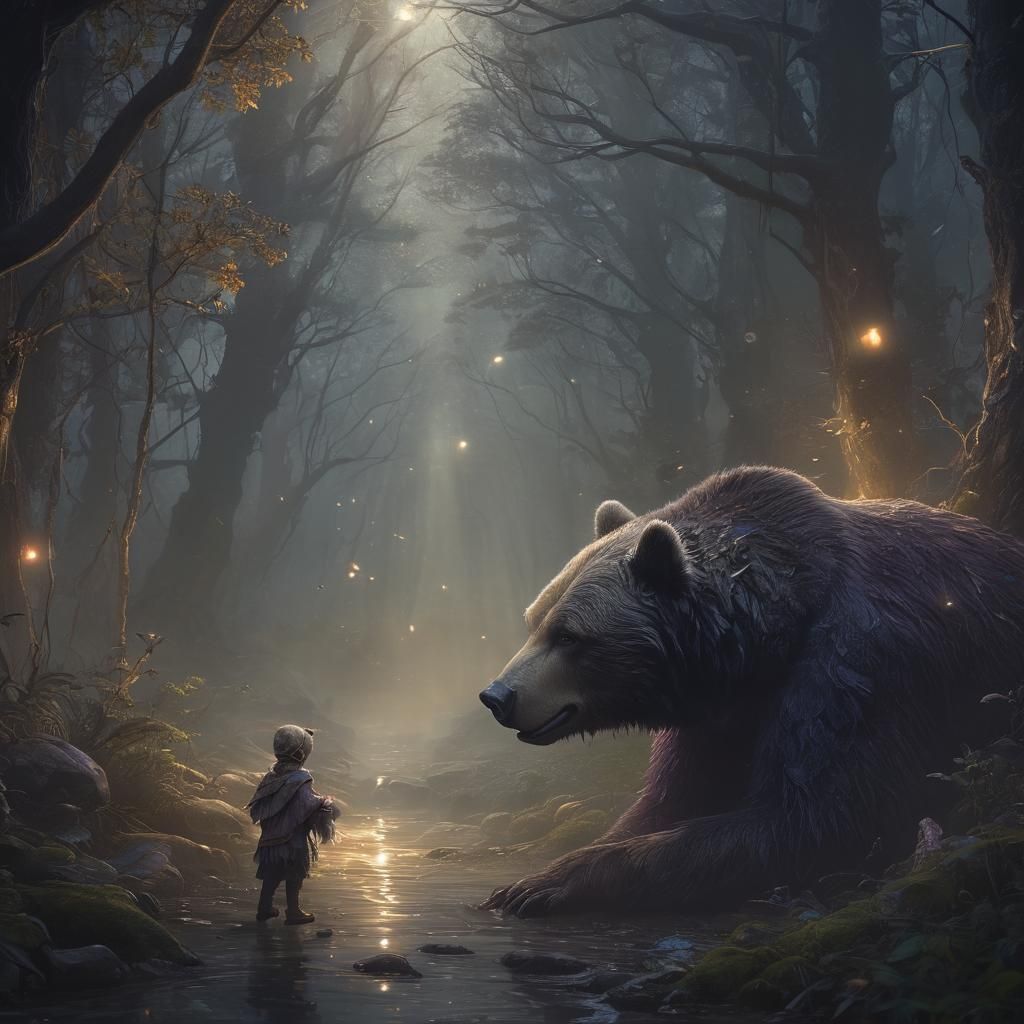 Enchanted Forest Encounter: Elf and Luminous Bear