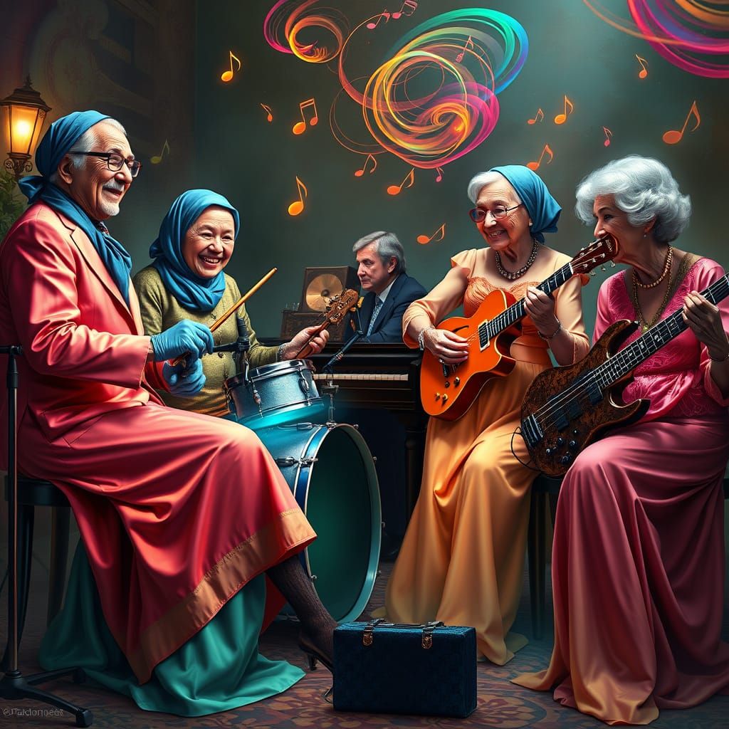 Imagine a group of five elderly musicians, reflecting the essence of their youthful energy. The scene unfolds in a whims...