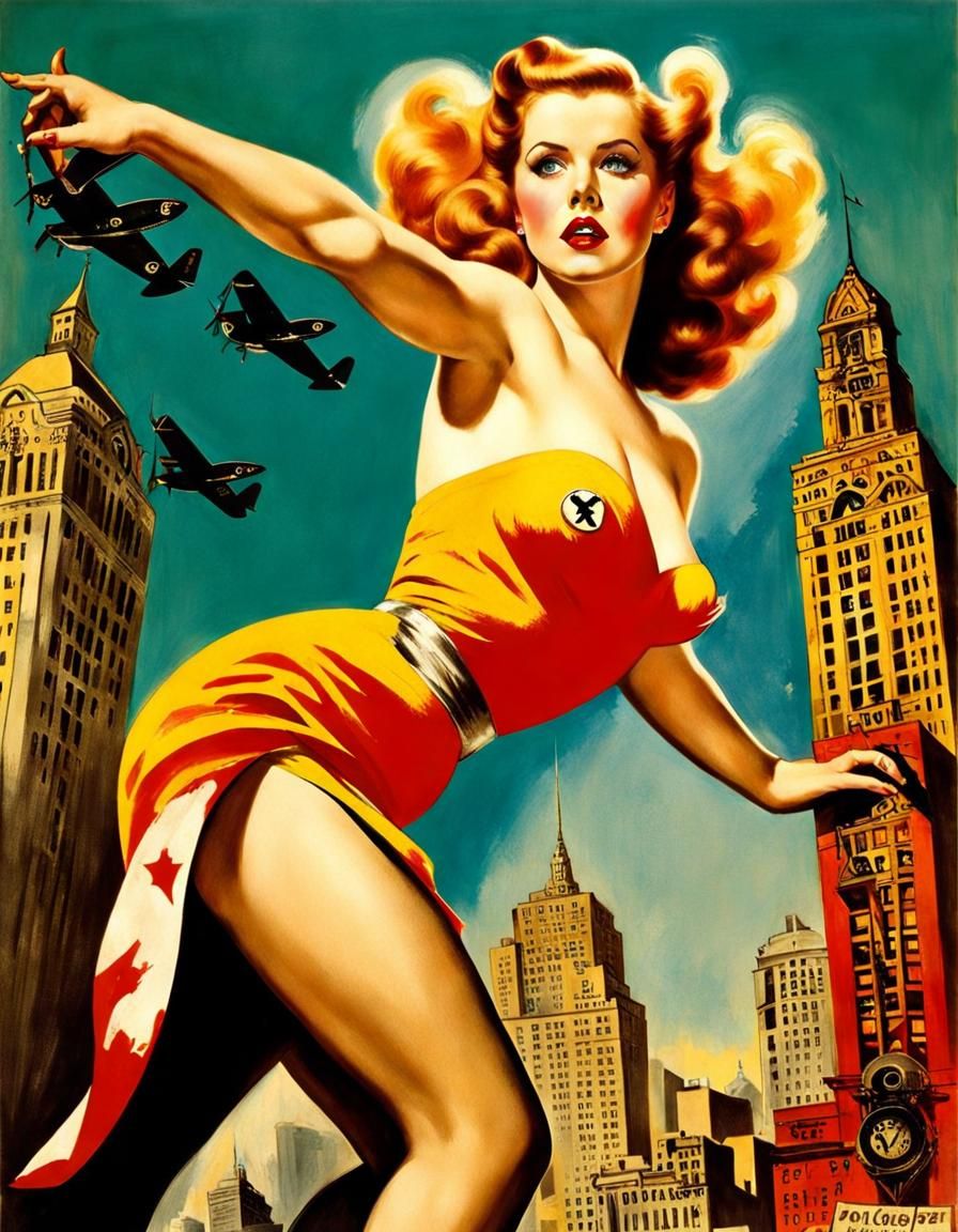 Giantess Attack: Retro Pin-Up in Selective Color