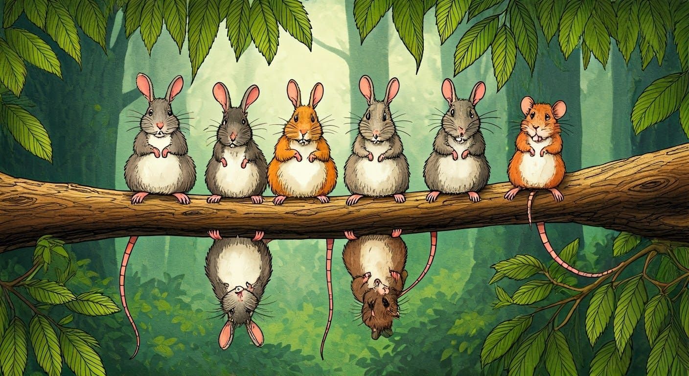 Whimsical Woodland Friends Perched on a Branch in a Bright C...