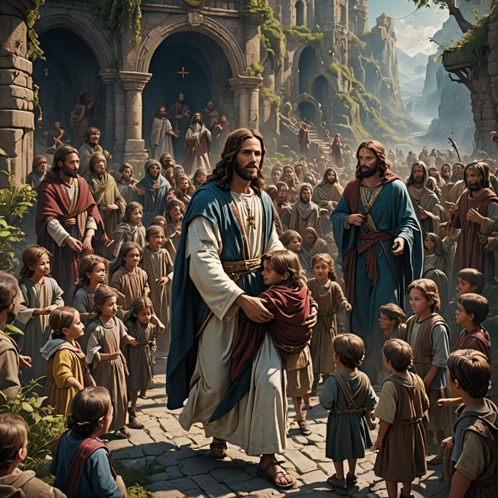 Jesus and Children: Detailed Fantasy Concept Art