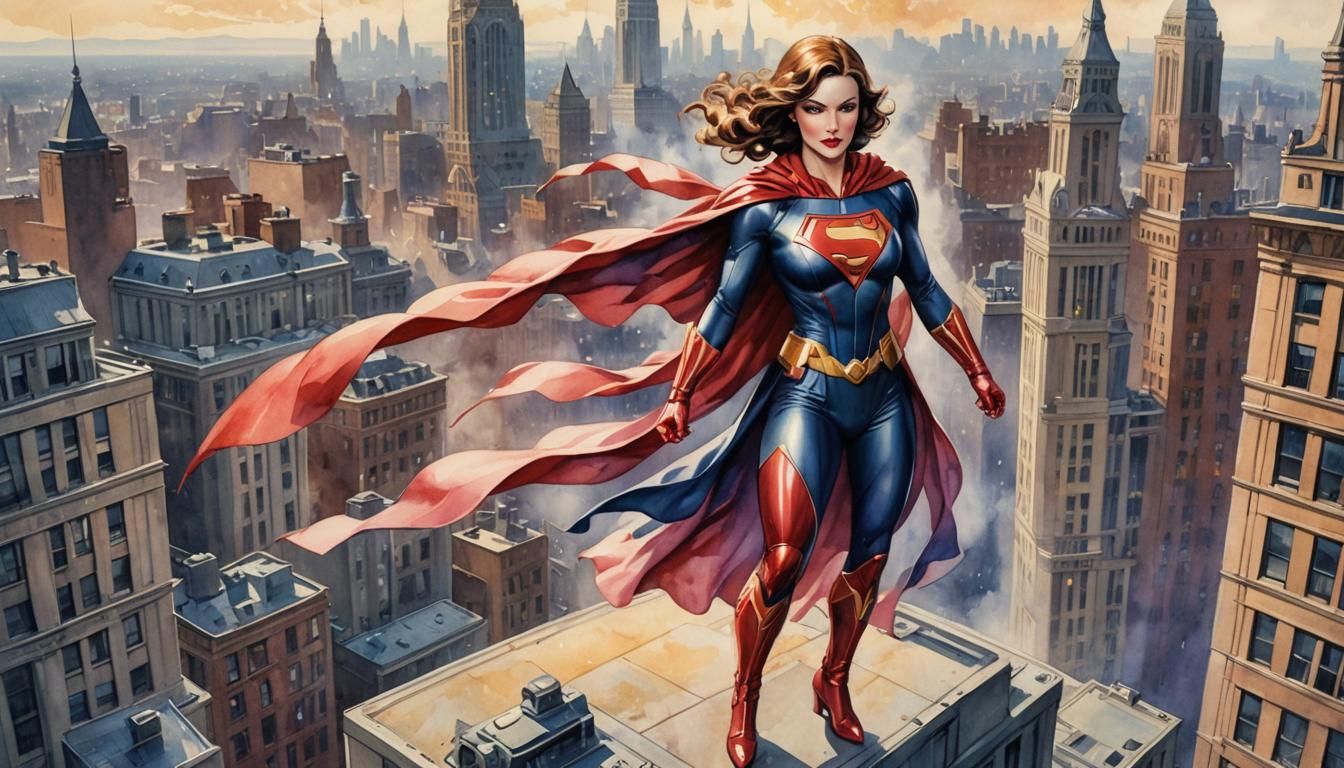 Electric Superhero in Romantic Watercolor Art Deco Style