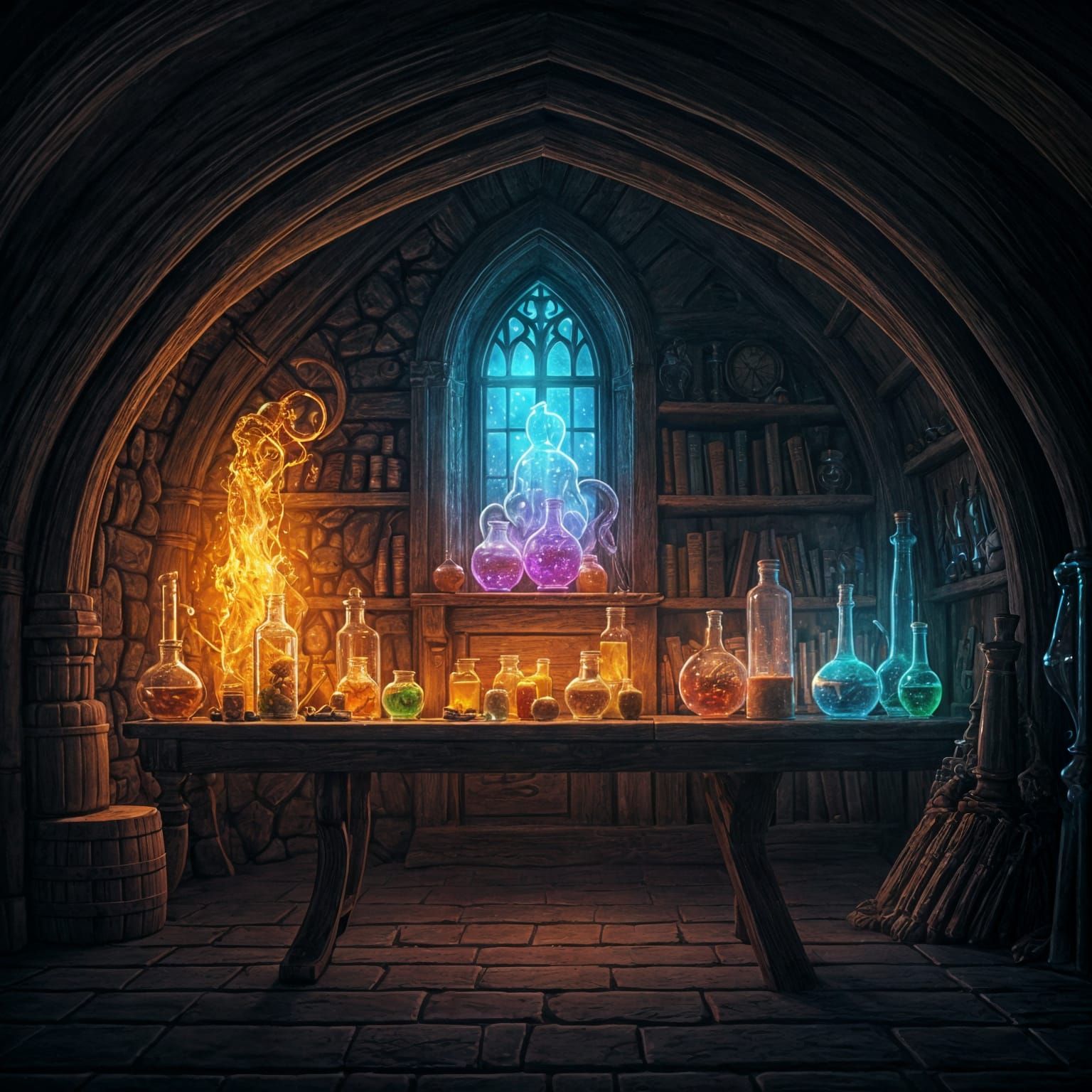 Magical Alchemist's Study Reveals Glowing Potions