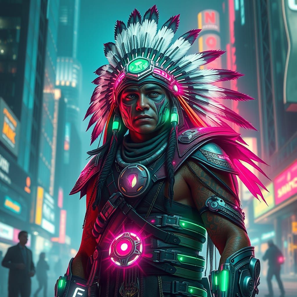 Futuristic Native American Warrior in Cyberpunk Cityscape