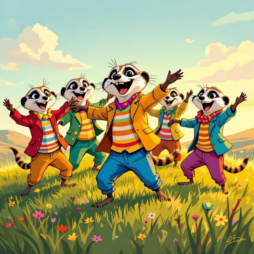 Comical Meerkats Dancing in Colorful Clothes on Hill