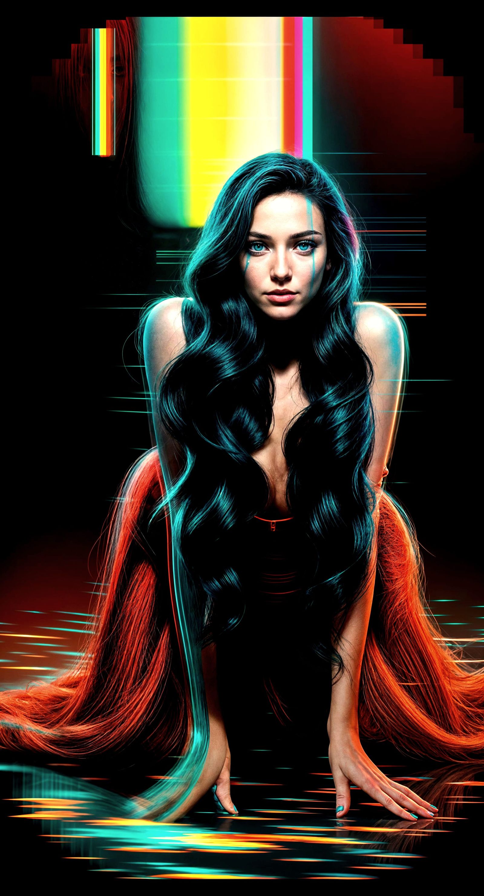 Attractive Siren Glitch Portrait in Anaglyph 3D Style